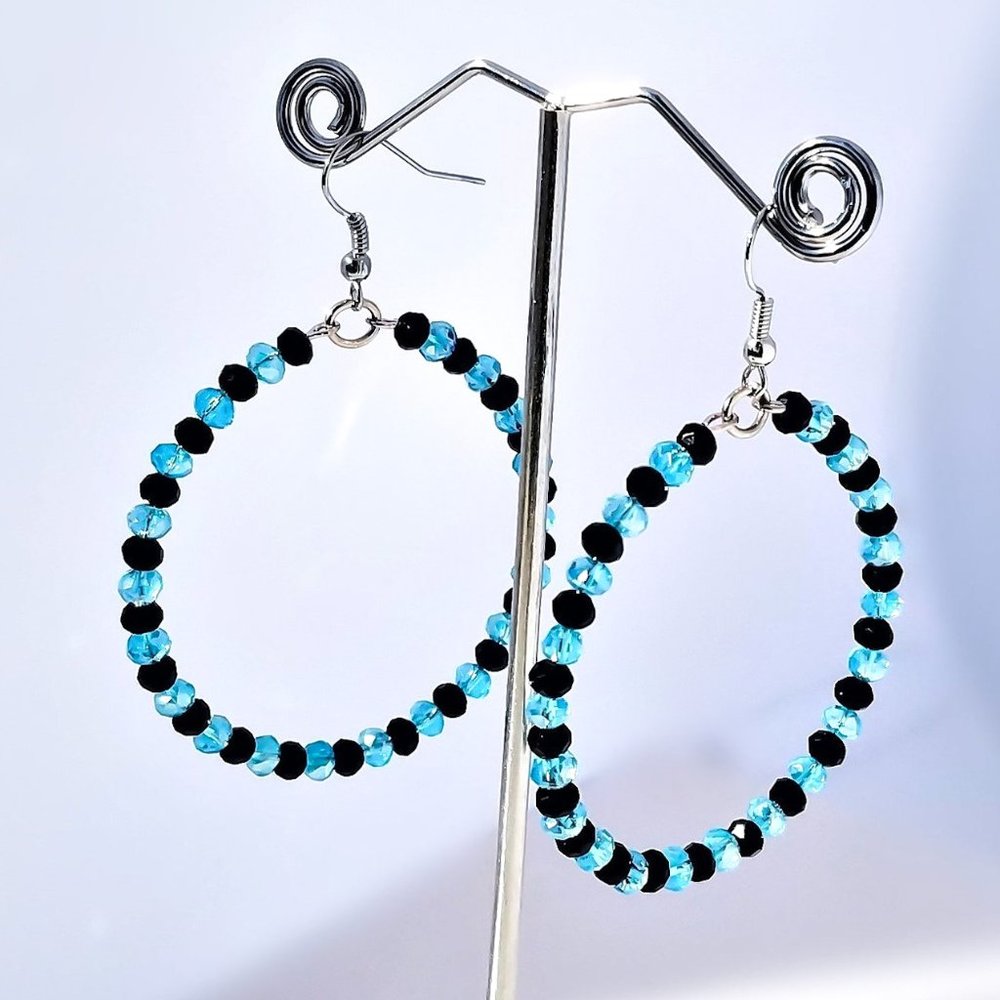 Blue and Black Crystal Hoop Earrings 50mm/ Large Cute Multicolor Dangle Hoops